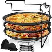KITment Pizza Tray Set for Oven - 3 Pack Round Pan With Folding Rack, 11 Inch Non-Stick With Holes & Silicone Gloves - Bakeware for Baking, Cooking, Grilling