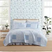 [Laura Ashley] Quilt Set, Breathable Premium Bedding with Matching Sham, Luxuriously Soft Home Decor (Colleens Coastal Patchwork Blue, Twin)
