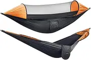 Large Camping Hammock with Mosquito Net 2 Person Pop-up Parachute Lightweight Hanging Hammocks Tree Straps Swing Hammock Bed for Outdoor Backpacking Backyard Hiking (Black/Orange)
