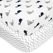 American Baby Company Printed 100% Natural Cotton Jersey Knit Fitted Crib Sheet for Standard Crib & Toddler Mattresses, Navy Whale/Grey Zigzag, for Boys & Girls -Pack of 2