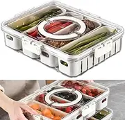 Divided Serving Tray Snack Platter Container with Lid & Handle, Stackable Snackle Box Charcuterie Container for Fruit, Vegetable, Salad, Portable Food Storage Box (4 Compartment)