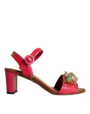 Dolce&Gabbana Women Fuchsia Red Sandals Leather Floral Block Heel Strappy Shoes