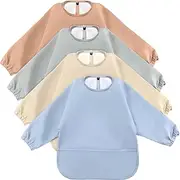 JaGely 4 Pack Long Sleeve Baby Bibs Waterproof Long Sleeved Bib Baby Eating Smock Bib Feeding Shirt Bib with Food Catcher
