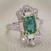 Art Deco Style Lab Created Diamond & Emerald Engagement Ring 14k White Gold FN