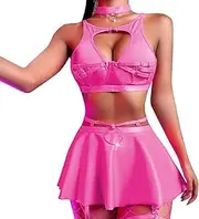[Generic] Women rave outfits Metallic Mini Skirt Cutout Crop Bra Top Choker Strappy Festival Dancewear set