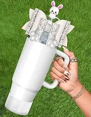 Easter Bunny Bow Straw Cover Topper for Stanley Cup - Silver White for Tumbler 40 30 oz Accessories Rabbit Straw Caps with Silicone Boot Bottom Protector Bling Water Bottle Decor Gifts