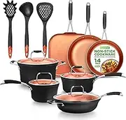 NutriChef Stackable Pots and Pans Set – 14-pcs Luxurious Stackable Cookware Set – Sauce Pans Nonstick Set with Lids– Healthy Food-Grade Copper Non-Stick Ceramic Coating - PTFE, PFOA, and PFOS Free