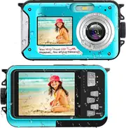 Waterproof Camera Underwater Cameras for Snorkeling Full HD 2.7K 48MP Video Recorder Selfie Dual Screens 10ft 16X Digital Zoom Blue