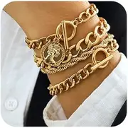 [fxmimior] Boho Fashion Dainty Boho Gold Silver Chain Stackable Bracelets Set for Women Adjustable Beaded Coin Chunky Flat Cable Chain Punk Bracelets Jewelry for Women Girls Gift Set of 4