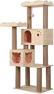 Cat Tree Tower Multi Level Wooden Climbing Frame Indoor Kitten Activity Center with Sisal Scratching Posts Solid Wood Condo Furniture