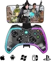 Megadream transparent Bluetooth gamepad, Built-in 7-color LED lights and six-axis gyroscope, With vibration and Turbo function, Back button for macro programming, iOS/Android/PC/Nintendo Switch/SONY PlayStation all supported