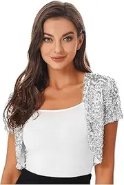 [TiaoBug] Women Elegant Formal Sequined Short Sleeve Evening Party Shrug Cardigan Coat Jacket Blazer Bolero