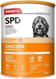 Prime 100 SPD Air Dried Dog Food, Chicken & Brown Rice, Single Protein Diet, Hypoallergenic Australian Made Beef Dog Food Natural Grain Free (600 Grams)