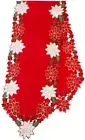 Xmas Table Runner Red w Gold White Green Poinsettia Cutwork 14 x 70 NEW Holiday