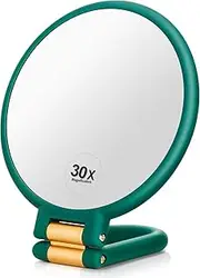 Magnifying Travel Mirror, Hand Mirror with Handle - Double Side Hand Held Mirror with 1x 30x Magnification & Foldable Handle, XICEN Portable Travel Makeup Hand Mirror for Women (Army Green)