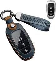 ontto Leather Car Key fob Cover fit for Hyundai Tucson NX4 Ioniq 5 Nexo Solaris Santa Fe TM Sonata DN8 2020-2022 Keychain Keyring Accessories Remote Key case Key Holder Protector Blue