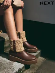 Tan Brown Standard/Wide Fit Forever Comfort® Borg Chunky Ankle Boots (B71269) | $111