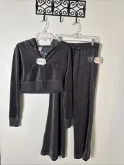 Y2K Grey Velour Cropped Jacket & Wide Leg Pants Set XL Junior Apollo Activewear