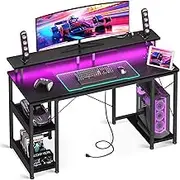 ODK Gaming Desk with RGB Light Strip & Built-in Socket, 10 Color Adjustable, Gaming Table with Monitor Stand, Office Table, 120 * 50 * 86.8cm,Black