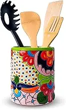 Talavera Utensil Holder – Hand Painted Ceramic Spoon Crock – Colorful Utensil Crock – Large Mexican Spoon Rest – 6" H (Green)