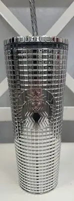 Holiday 2023 NEW Starbucks SILVER MIRROR GRID 24oz COLD DRINK TUMBLER