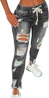 [KUNMI] Women High Waist Skinny Stretch Ripped Jeans Destroyed Denim Pants Plus Size