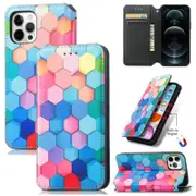 For Apple iPhone 12 Pro Max Leather Wallet Flip Case With RFID Blocking Credit Card Holder Slots Cover - Colored Squares