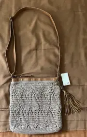 THE SAK Shitake Lucia Crochet Crossbody BOHO Taupe Bag Purse w/ Tassels NEW