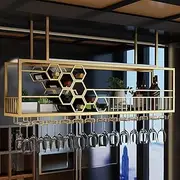 Gold Ceiling Mounted Wine Bottle Rack, Wine Bar Wall Rack Bar Liquor Shelves Shelf with Glass Holder, Hanging Display Rack for Home Bar Dining Room Kitchen(Size:120x40x30cm)