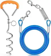 Tie Out Cable and Stake With Rotating Hook and Shock Spring, 20ft Yard Leash for Small and Medium Dogs Up to 60 lbs, Lead for Outside, Yard and Camping, Blue