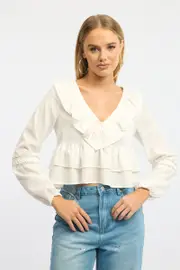 White Poet's Blouse Long Sleeve V-neck Ruffled Lace Tape - Size 6XXS, Women's Top