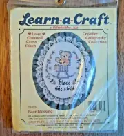 NIP Dimensions Learn-a-Craft Cross Stitch Kit "Bear Blessing" w 3x4 Oval w Lace