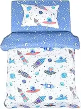 J-pinno Planet Rocket Spaceship Stars Cartoon Reversible Duvet Cover & Pillowcase Set, 100% Cotton Weighted Blanket Cover 2Pcs Comforter Cover with Zipper for Kids Boys Bedding Set