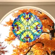 Tiffany Style Stained Glass Panel Suncatcher Blue and Green Floral Design 12in