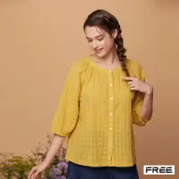 在飛比找momo購物網優惠-【FREE】棉麻全開襟格紋七分袖圓領上衣(深黃/橙紅)