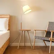 Krear Floor Lamp with Table, Tripod Wooden Lamp for Study Living Room, Foot Switch Standing Light Coffee Table Tall Lamp Natural