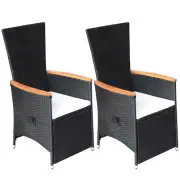 2x Reclining Garden Chairs with Cushions Poly Rattan Black Deck Lounge vidaXL