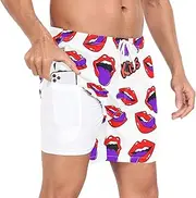 [GuoChe] Men's Swim Trunks Mens 2In1 Running Shorts Valentine's Day Red Lips Kisses Retro with Compression Liner and Pockets, Valentine's Day Red Lips Kisses Retro, Large