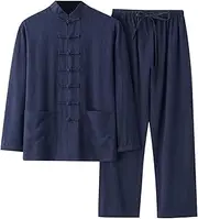 [Generic] Cotton Linen Tang Suit For Men 2 Piece Long Sleeve Shirts Wide Leg Pants Traditional Chinese Tai Chi Kung Fu Outfits