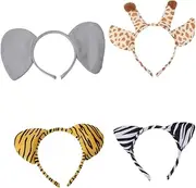 Hohopeti 4pcs Animal Ear Headbands Tiger Elephant Giraffe Zebra Hair Hoops for Adults for Cosplay Birthday Parties Fun Photo Props