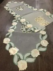 Bright Embroidered Tulip Table Runner Spring White Tulip Garden Cutout Runner