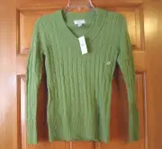 womens chartreuse green ANN TAYLOR LOFT cable knit V-neck SWEATER Petite Sz. PXS