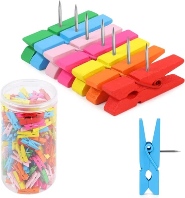 260 PCS Colorful Push Pin with Wooden Clips, Durable Wooden Push Pins, Decorativ