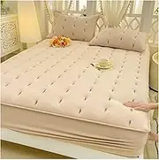 Cotton Mattress Topper Queen Full Size, Mattress Pad Cover with Stretchable Pockets for 6-18 Inches, Cooling Dual Layer Mattress Topper, with Pillowcases(Khaki,200x220cm(3PCS))