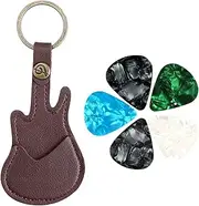 Guitar Pick Holder Leather Guitar Picks Case With Keychain And 5Pcs Guitar Picks Mini Guitar Shape Plectrums Pack Case Keyring For Guitar Lovers Men And Women