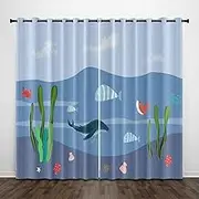 Exquisite Bedroom Blackout Curtains, Cartoon Seaweed Animal Fish 79x63 Inch Heat Insulation Blackout Children's Curtains,3D lackout Curtains, Suitable for Living Room Bedroom Childre