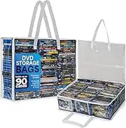 Besti Blu Ray Case Holder Organizer, Set of 2 Clear Plastic Bags with Handles for Storing Blurays, DVDs, CDs, Storage Bags for Video Game Cases, Holds Up To 90 Bluray and 60 DVD Cases (White)