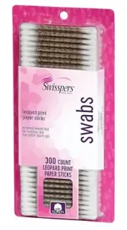Swisspers Premium Cotton Swabs, 300 Count (Pack of 1), Leopard Paper Stick