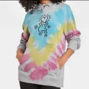 KEITH HARING Tie Dye Graphic Heart Hoodie Gray Sz S