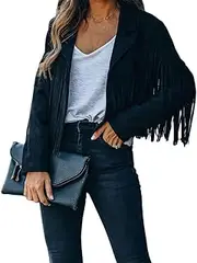 [utcoco] Women's Cropped Open-Front Tassels Faux Suede Moto Biker Jacket